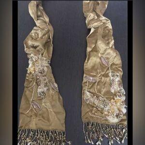 Embellished Gold Scarf with Beaded Fringe Mary Frances